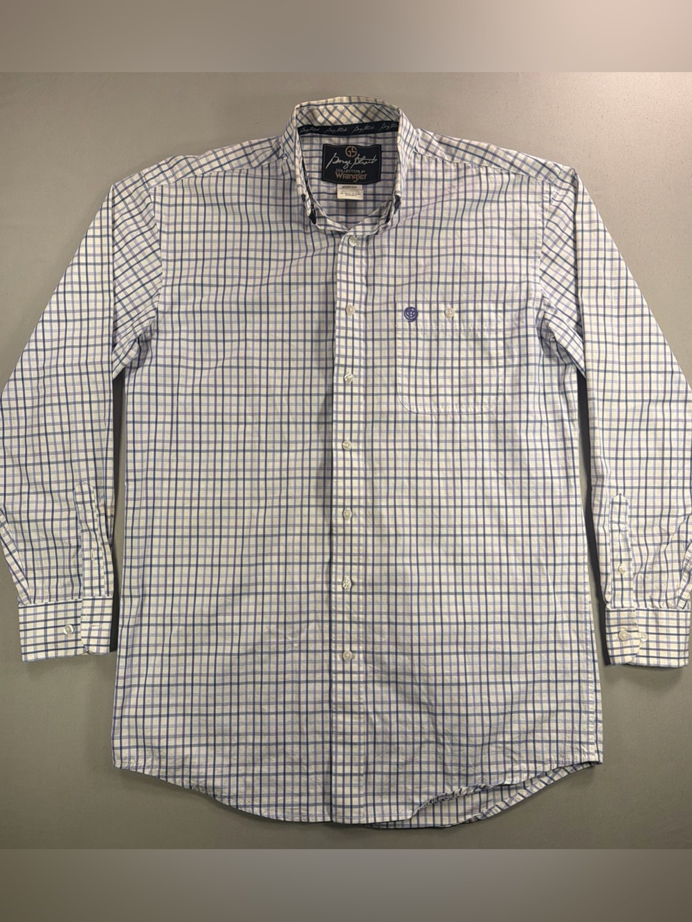 Wrangler Men’s White Button Down Shirt with Blue Windowpane Check George Strait